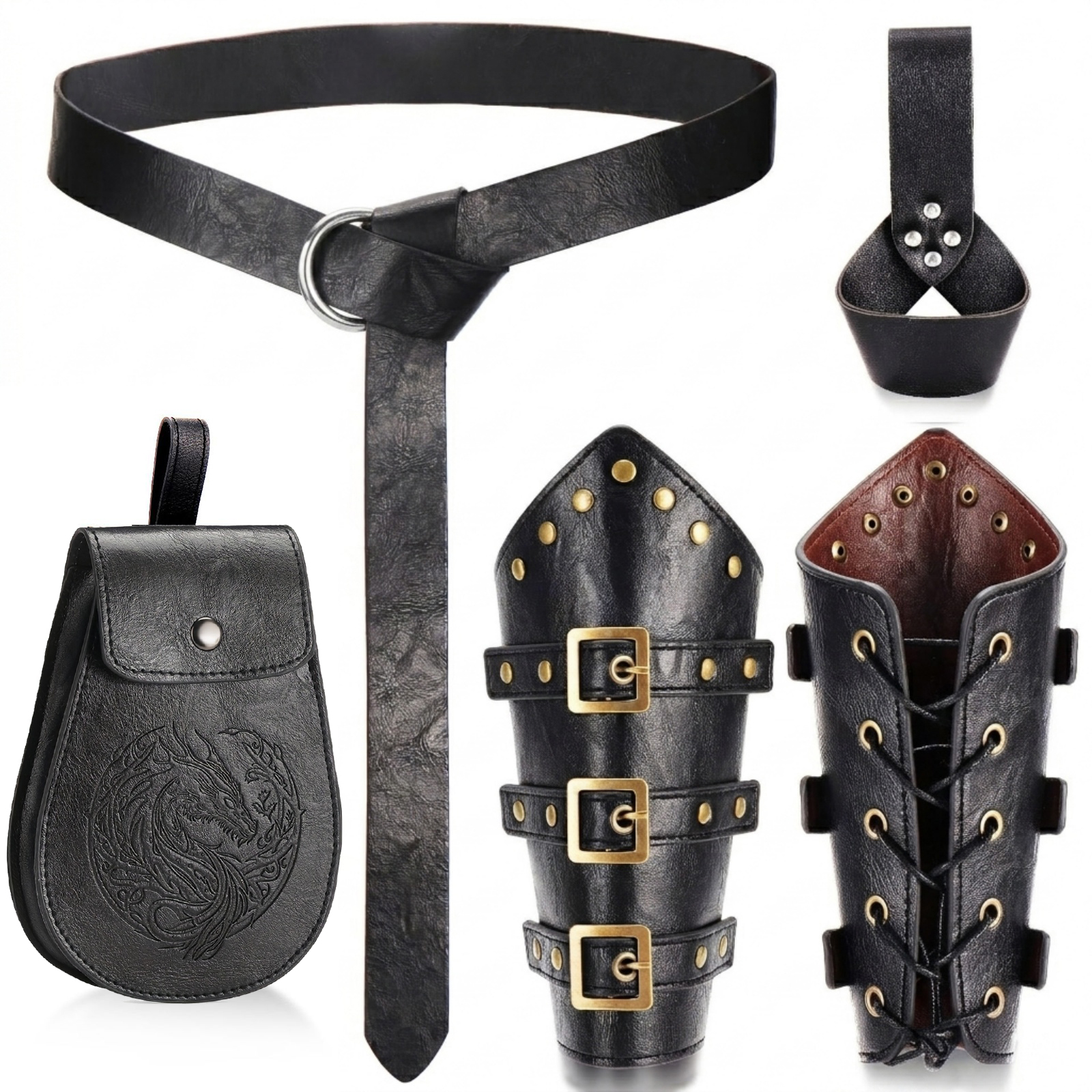 Free Cosplay Prop Patterns - 5 個ルネッサンス衣装アクセサリーレザーウエストベルトドラゴン柄ファニーパック剣鞘ヴィンテージリベットリストガード中世コスプレ小道具