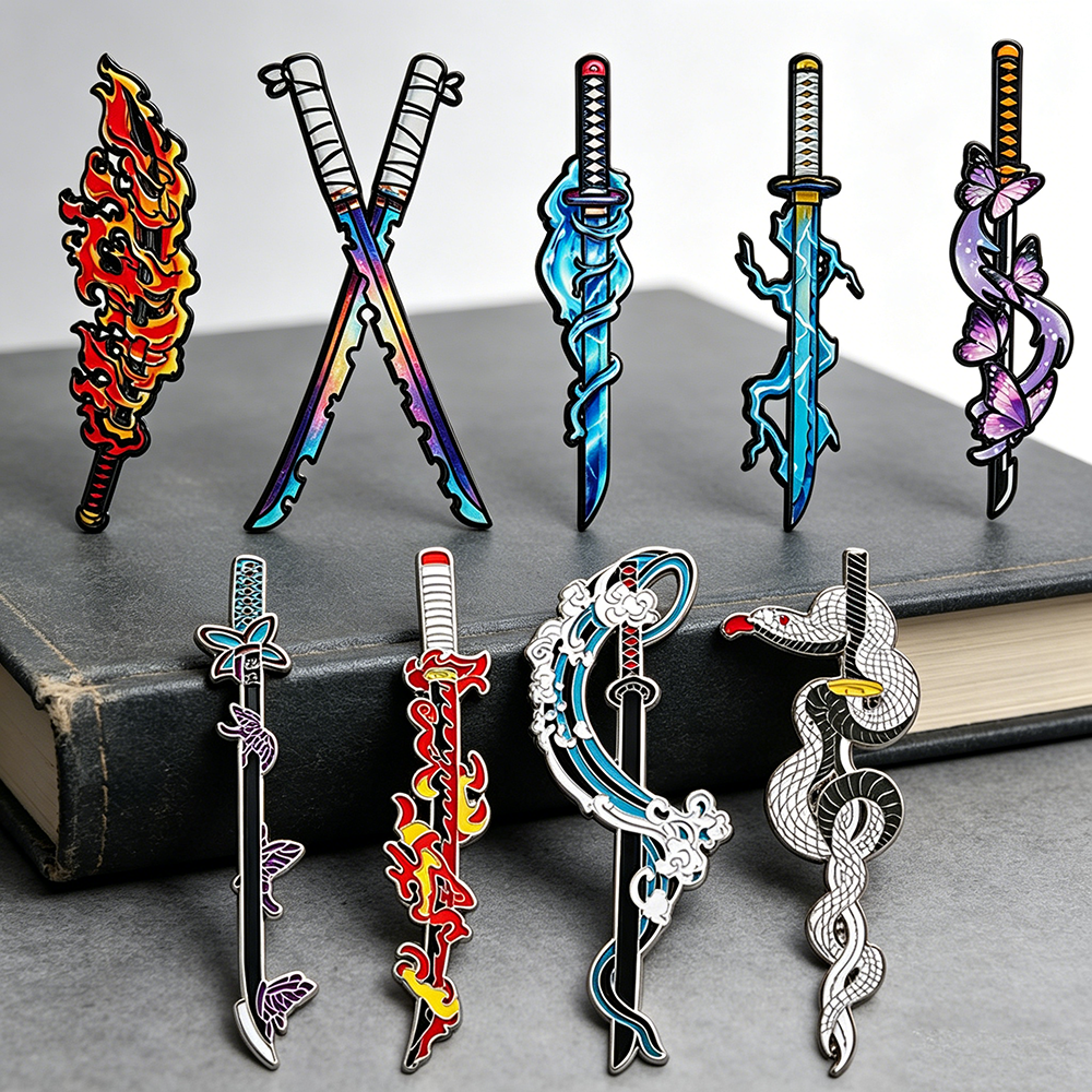 Cosplay Prop Katana - 鬼滅の刃 日輪刀 エナメルピンセット 4/5/9個入り アニメ刀ブローチコレクション 竈門炭治郎