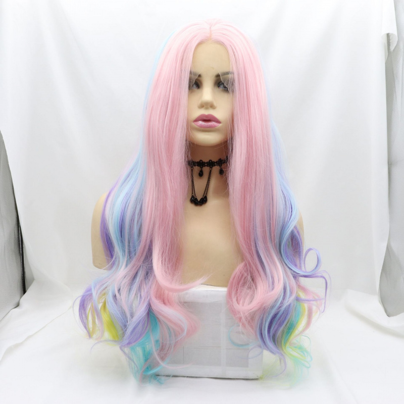 Wig Fiber Net - 手編みのレースフロントハロウィン用合成ウィッグ、カラフルな大きなウェーブのかかった長いカールと快適なローズネットキャップ付き