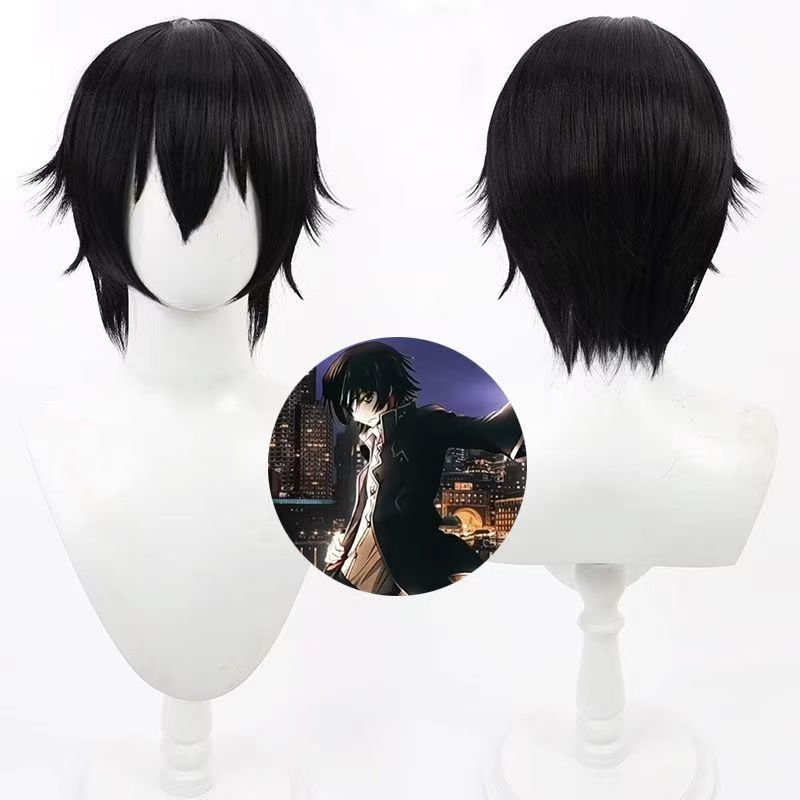 Wig Fiber Net - アニメルルーシュ・ランペルージコスプレウィッグショートブラック耐熱合成繊維ローズネット付きパーティーコスチューム小道具