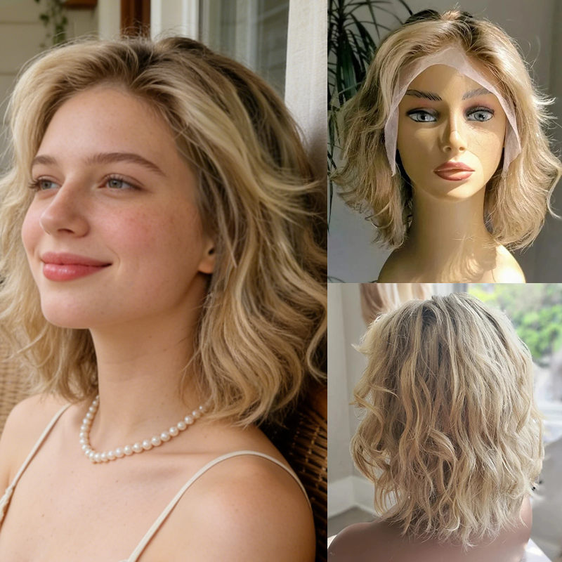 Wig Fiber Net - 2026年ウィッグプロモーション中 ゴールデンブロンドオンブレレースフロントウィッグ 女性用ショートボブウィッグ ナチュラルウェーブ 13x4 HDグルーレスウィッグ