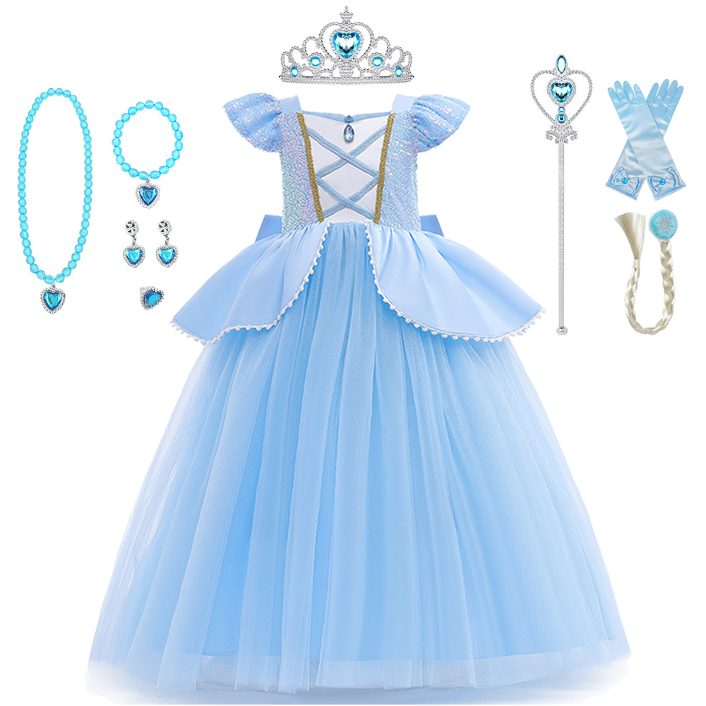 Cosplay Prop Bow - シンデレラコスプレ衣装子供服女の子のためのスパンコールプリンセスドレスクラウン手袋誕生日パーティーボールガウン 2-10 年