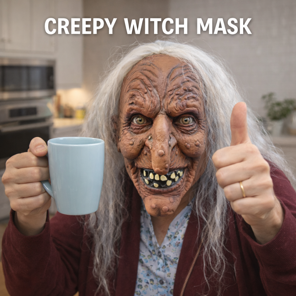 Cosplay Prop Designer - クリエイティブウィッチラテックスマスク ハロウィンパーティー用 不気味なコスプレ小道具 しわのある顔のデザイン付き