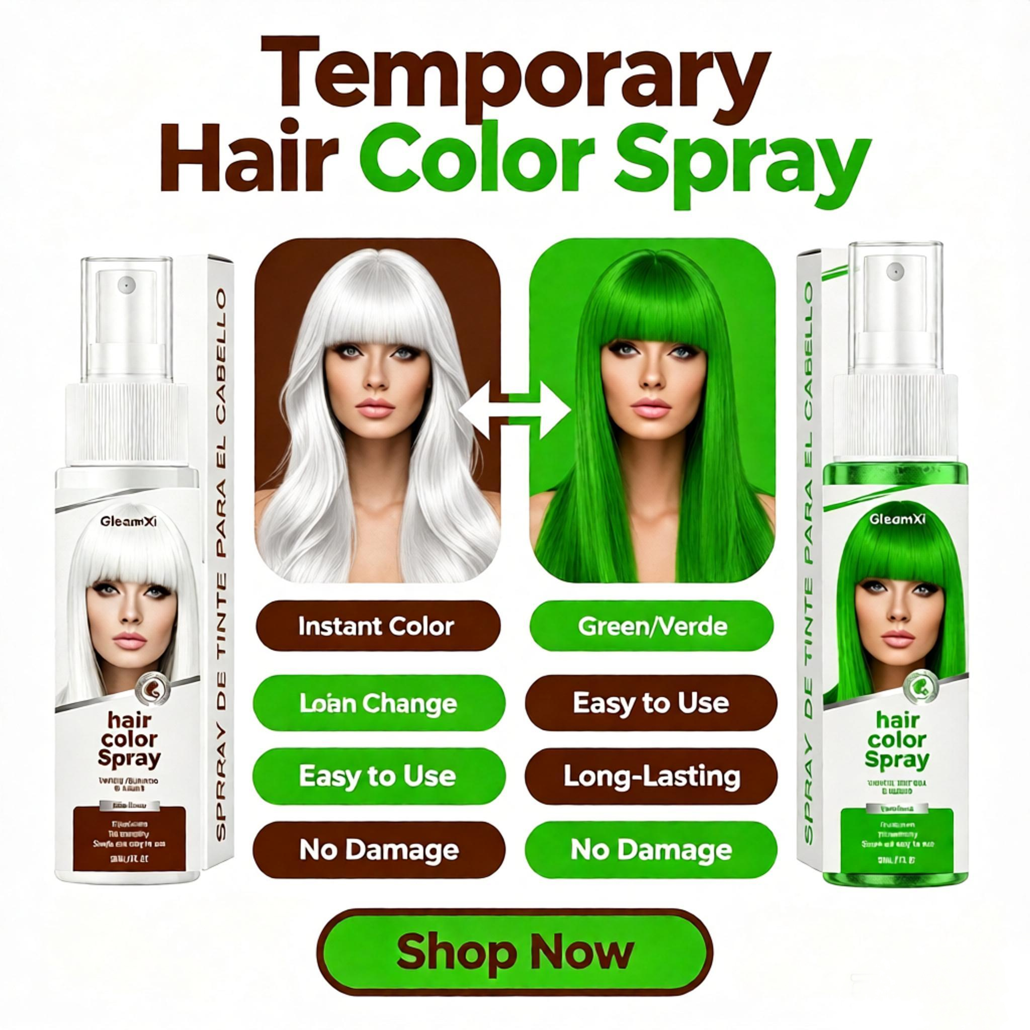 Hair Spray Color - 一時的な白/緑のヘアスプレー ファッション用明るいヘアスタイリングスプレー 軽く衣類に染まらない 長持ちする新鮮な見た目 洗濯可能