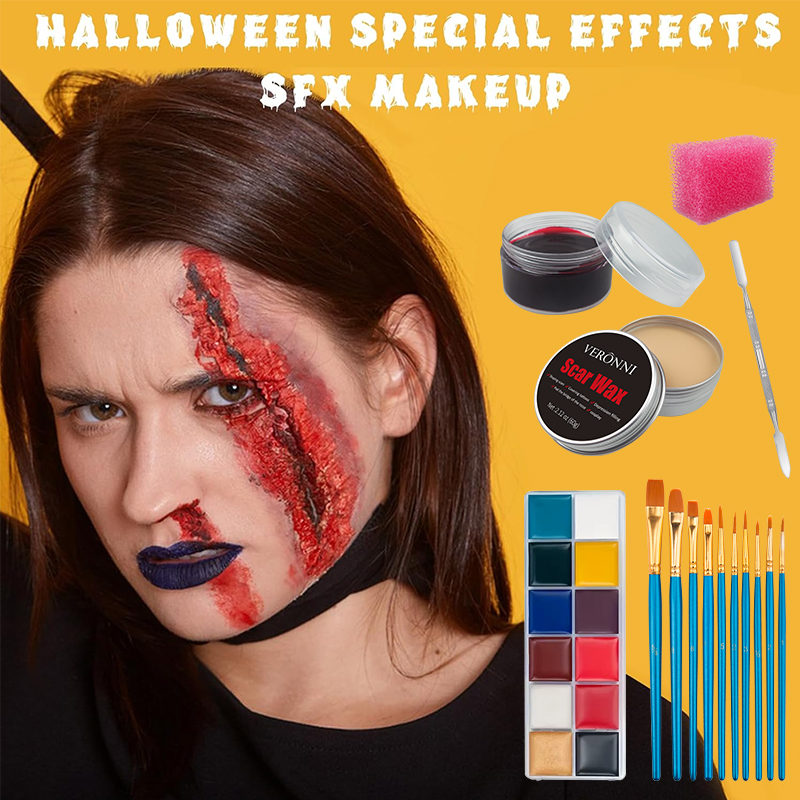 Body Paint Sfx - SFXメイクアップキット、12色の顔と体用オイルペイント、ステージ特殊効果、ハロウィン傷跡ワックス、メイクアップ、偽の肋骨血スパチュラ