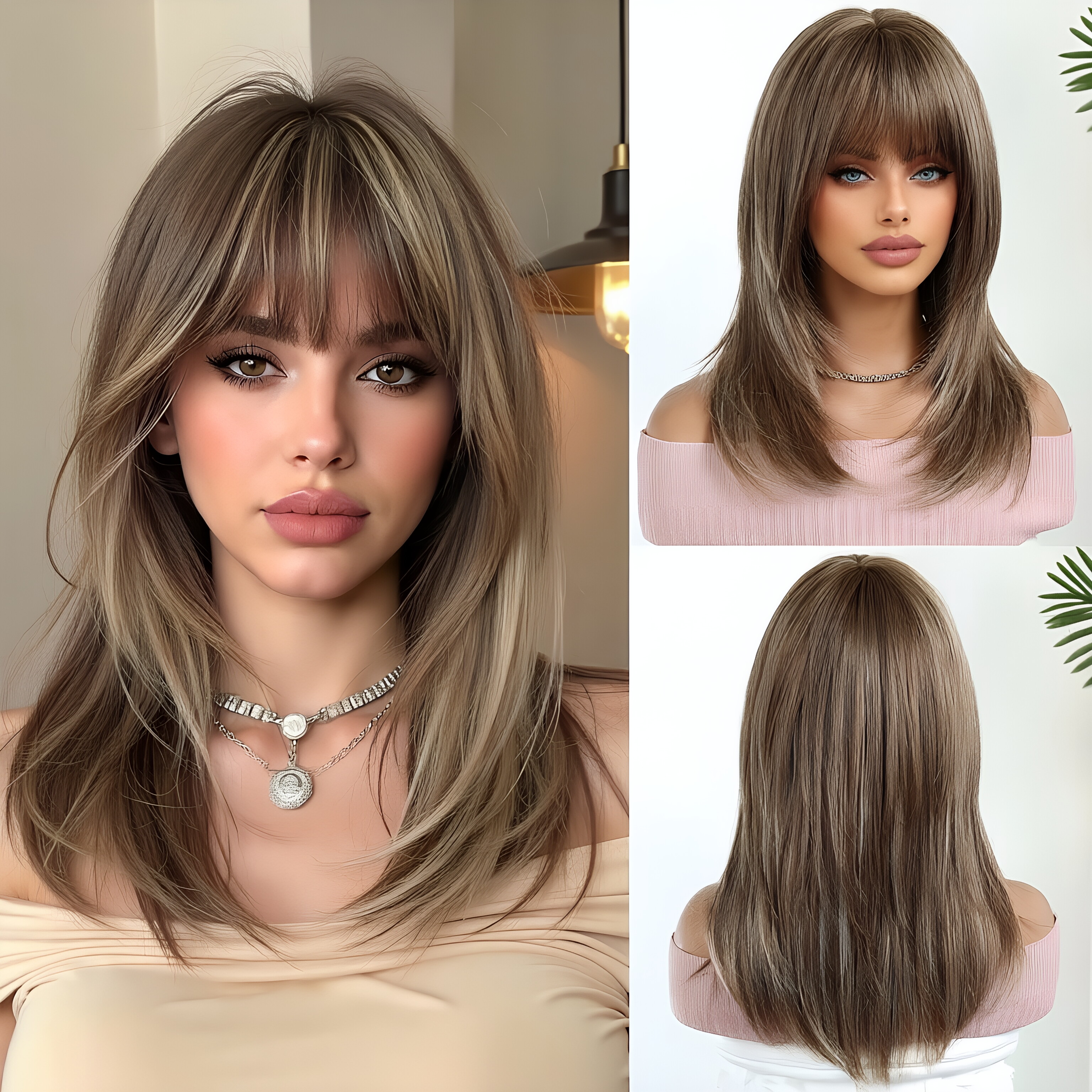 Wig Fiber Net - デイリーライトブラウンウィッグ、ヘッドバンド、気質に合わせたスタイル、肩までの長さの髪、フルヘッドシェイプ、女性用ローズネットメカニズム、合成毛