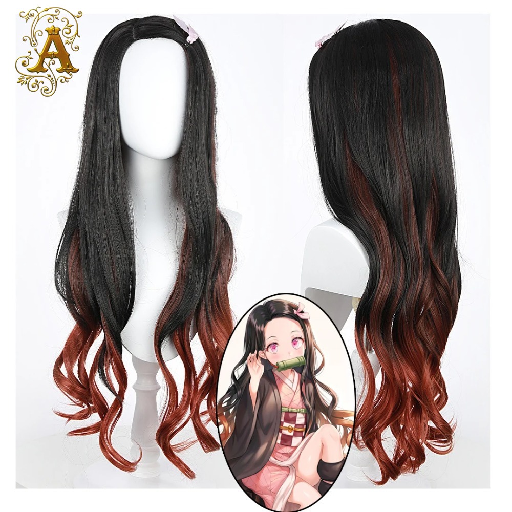 Wig Fiber Net - 黒ダークレッドグラデーションカラー巻き毛ロングヘアねずこアニメコスプレウィッグ30インチボタンネット化学繊維フィラメントフルウィッグ